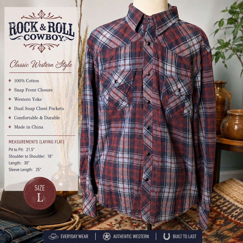 Rock & Roll Cowboy Mens Plaid Western Pearl Snap Flannel Shirt Red Blue Large